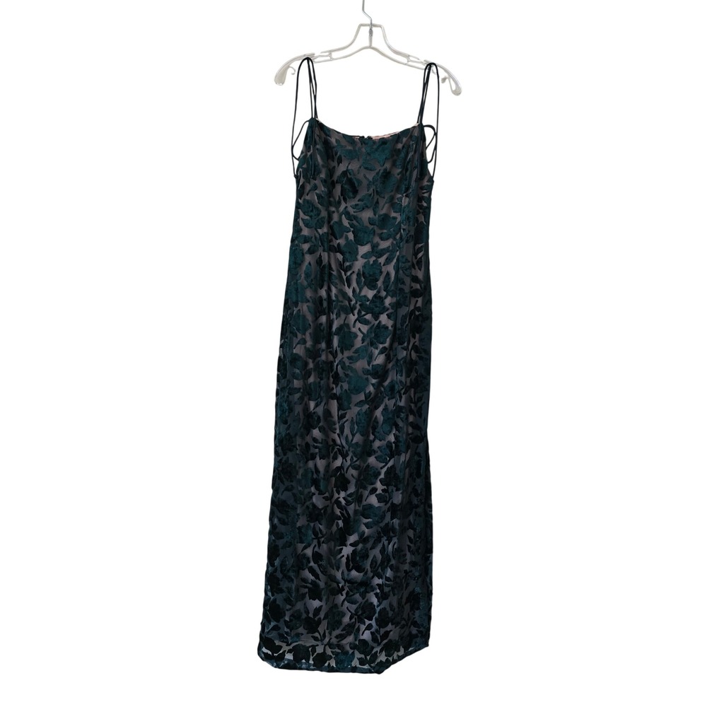 Zum Zum by Niki Livas Green Velvet Burnout Floral Maxi Dress Sheer Overlay S